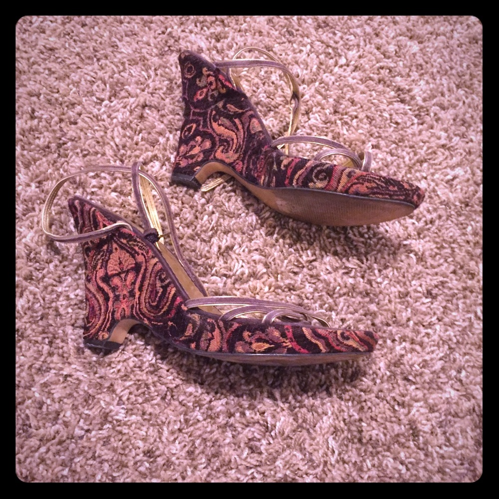 Brocade & Gold Strappy Wedges